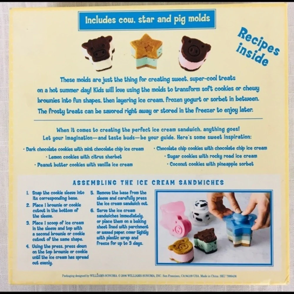 Williams Sonoma NEW Ice Cream Sandwich Maker Mold Farm Animals Pig‎ Star Cow